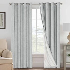 Light Gray Textured Room Darkening‎ Window Curtains, Anti-Rust Grommets